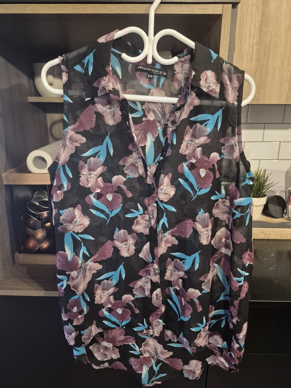 Societe Anonyme Black Floral Sleeveless Blouse with Purple & Teal Accents